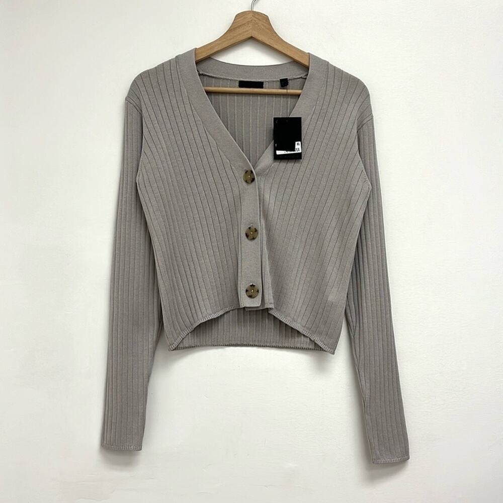 ATM Anthony Thomas Melillo Taupe Ribbed V-Neck Cropped Cardigan - Picture 12 of 12